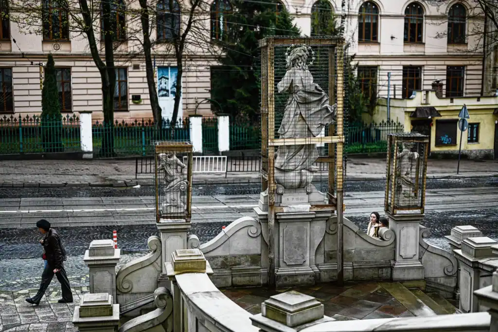 Historic Monument protected by metal cages and mesh against Russian air strikes.