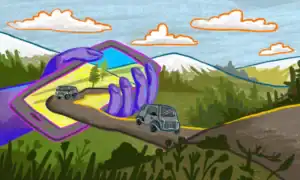 Illustration depicting a car in a landscape shaped like a hand holding a phone.