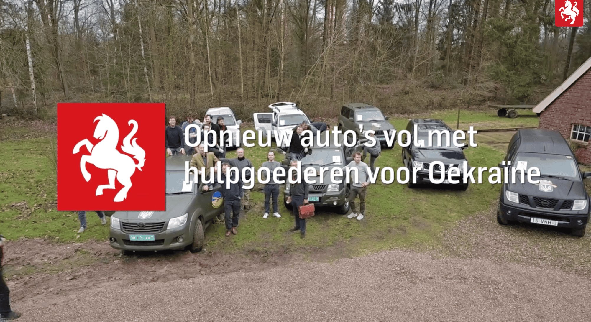 Still from RTV Oost news showing seven Protect Ukraine 4x4 vehicles and volunteers preparing for a convoy to Ukraine.