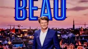TV host Beau van Erven Dorens during his talk show 'Beau', featuring a segment on Protect Ukraine.