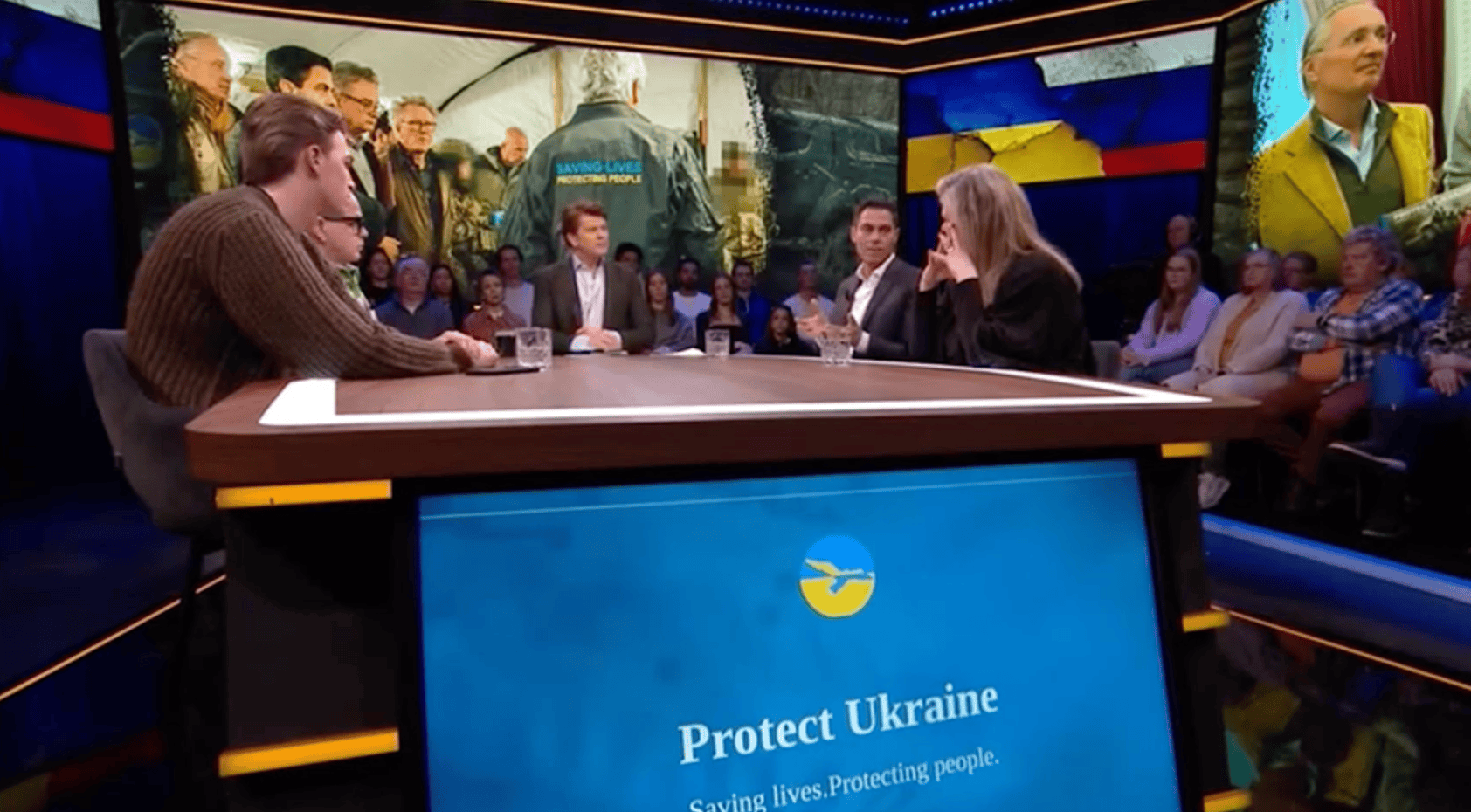 Protect Ukraine representatives discussing their mission on the national TV talk show 'BEAU Op Zondag'.
