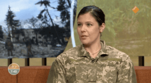 Frontline medic Khristina appearing on the TV programme 'Goedemorgen Nederland' to discuss the situation in Ukraine.
